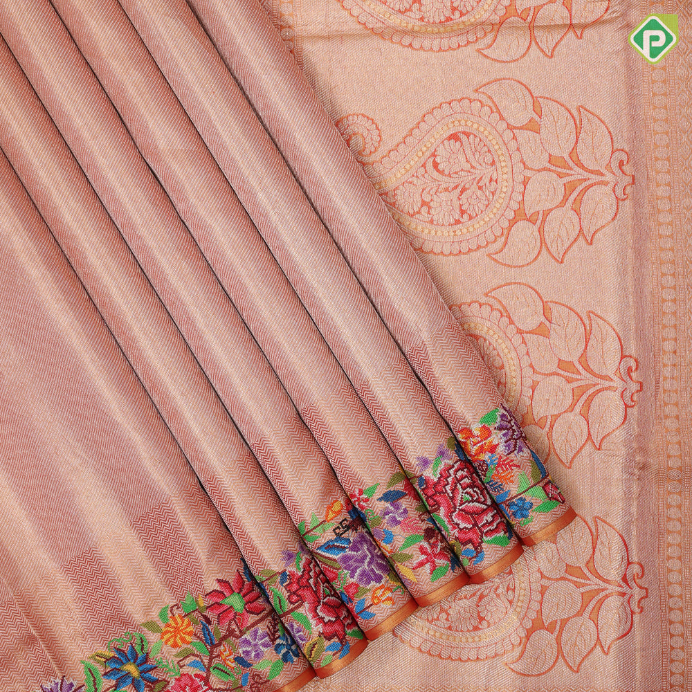 Goldish orange base silver zari diamond tissue weaved multi color thread embroidered border embroidery silk saree