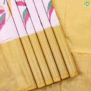 Cream white multicolor flying twitter ikkat design Mustard yellow gold zari multi lines border ikkat silk saree