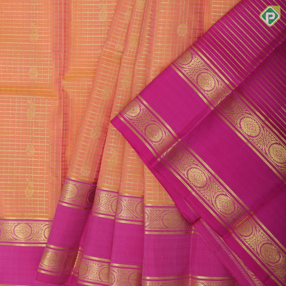 peach pink gold zari checks and mango chakkaram butta rose pink gold zari rettapet border pattu paavadai lehanka