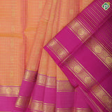 peach pink gold zari checks and mango chakkaram butta rose pink gold zari rettapet border pattu paavadai lehanka