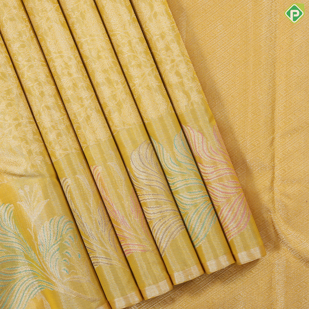 Mango yellow silver zari grand floral design self fancy leaf meena work border trendy tissue silk saree
