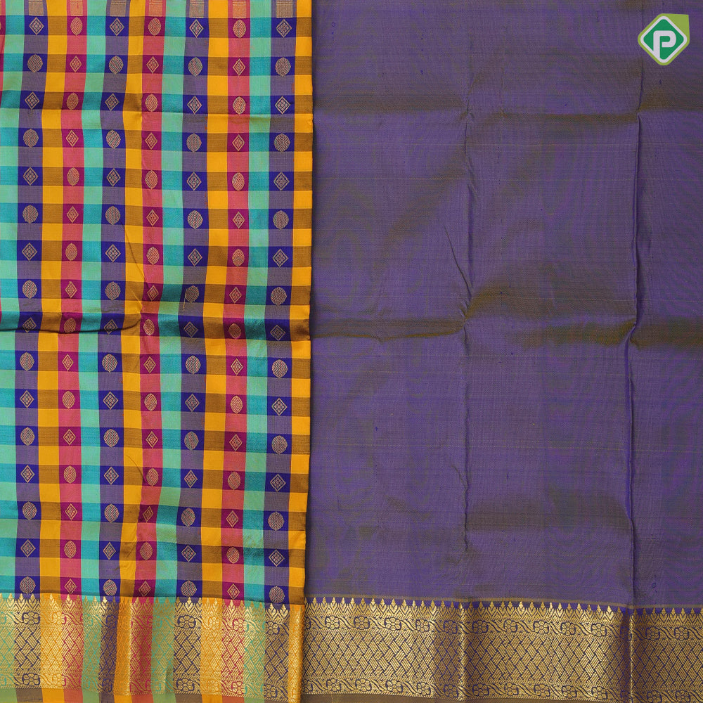 Multi color checks and gold zari round diamond butta self gold zari border pattu paavadai lehanka