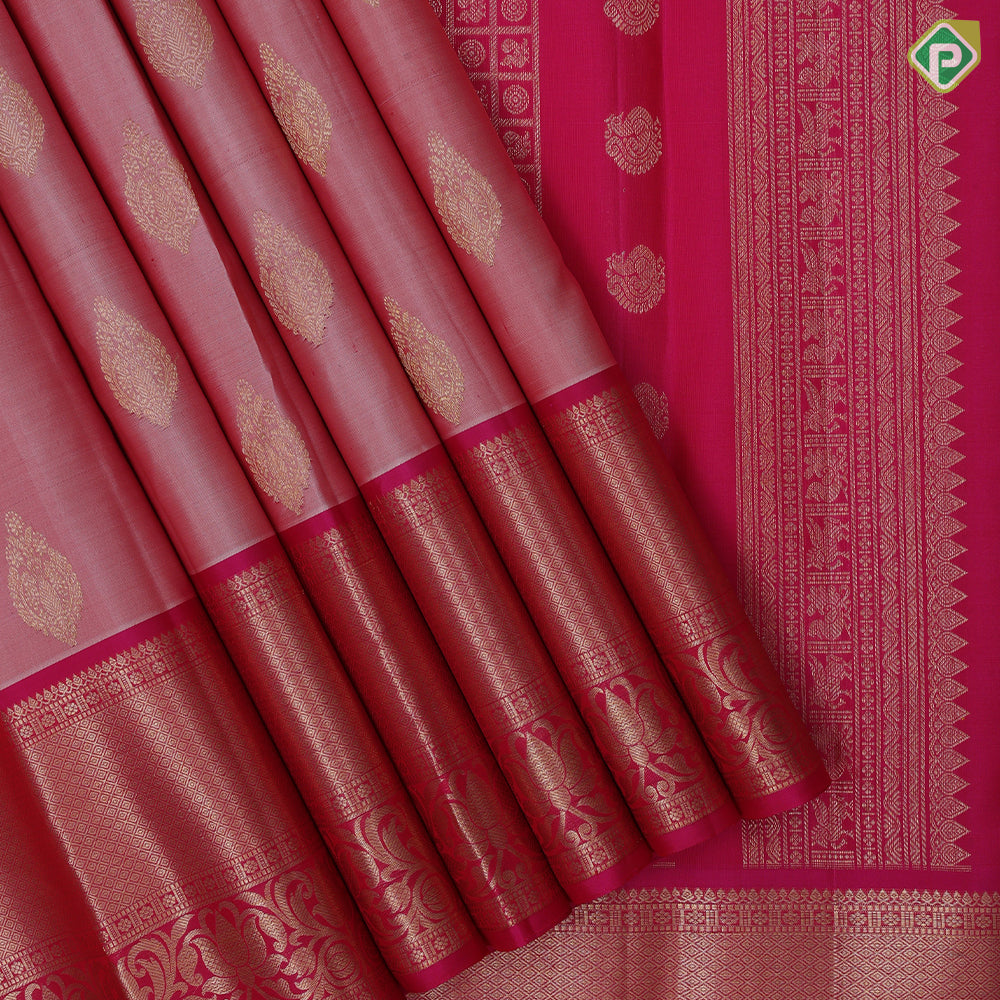 salmon  pink gold zari thilagam design dark pink lotus mayilkan border design traditional silk saree
