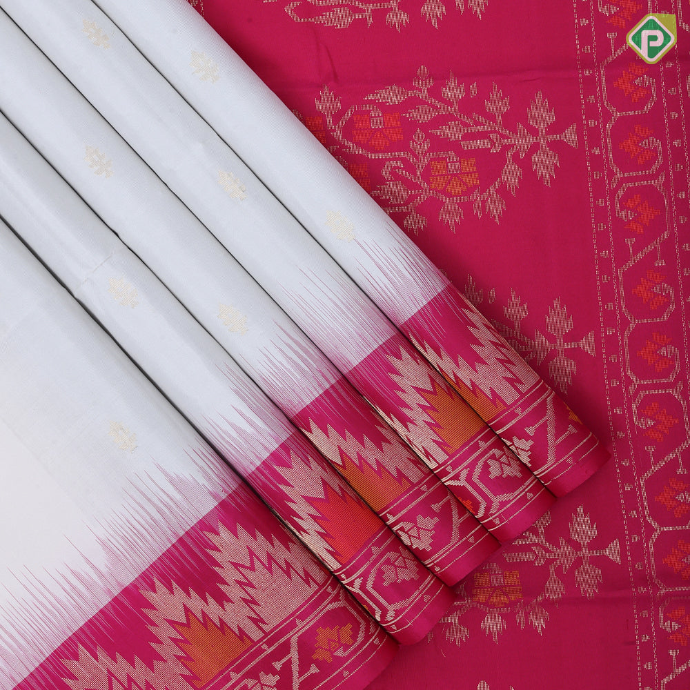 Mustard yellow gold zari fancy butta design grand pallu rani pink gold zari temple border soft silk saree