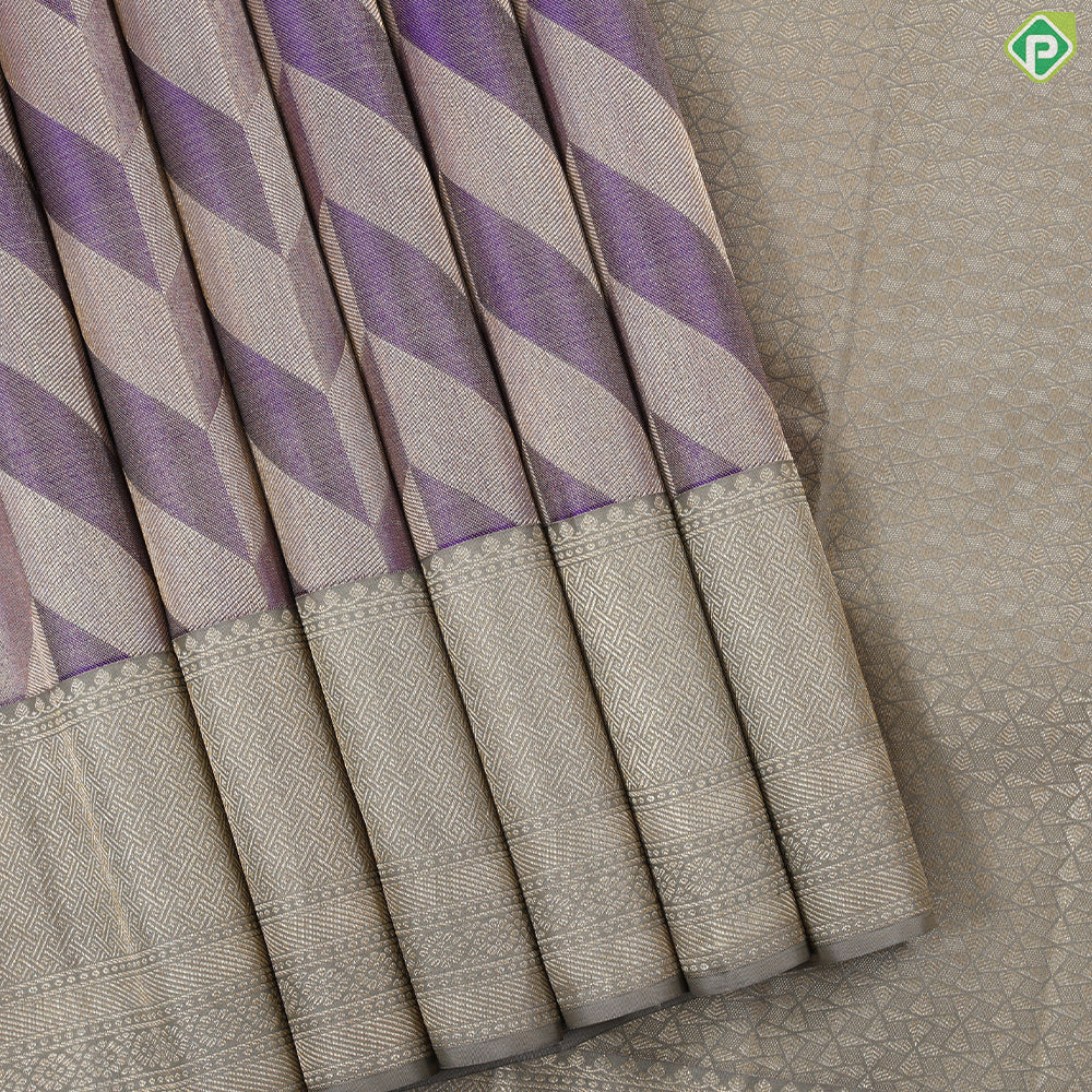 Dark lavender silver gold zari arrow line design beige silver gold zari spin weave design Trendy silk saree