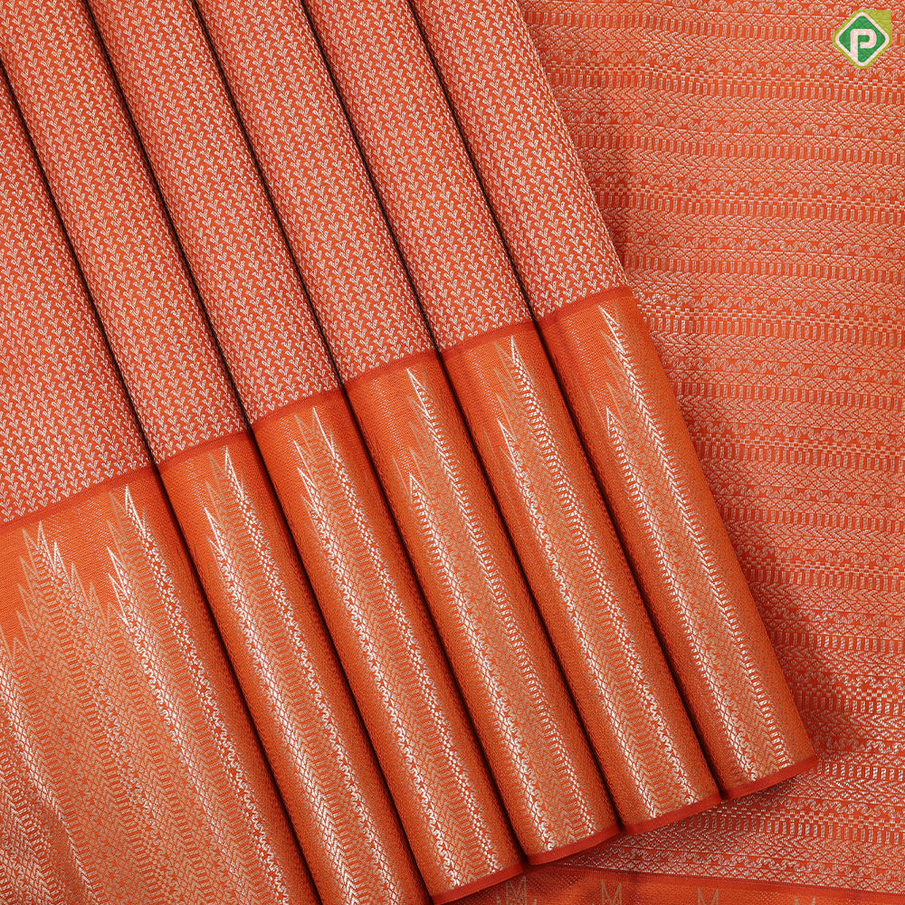 fire Orange silver gold zari fancy Beed stripes design self silver gold zari temple tower trendy tissue silk saree