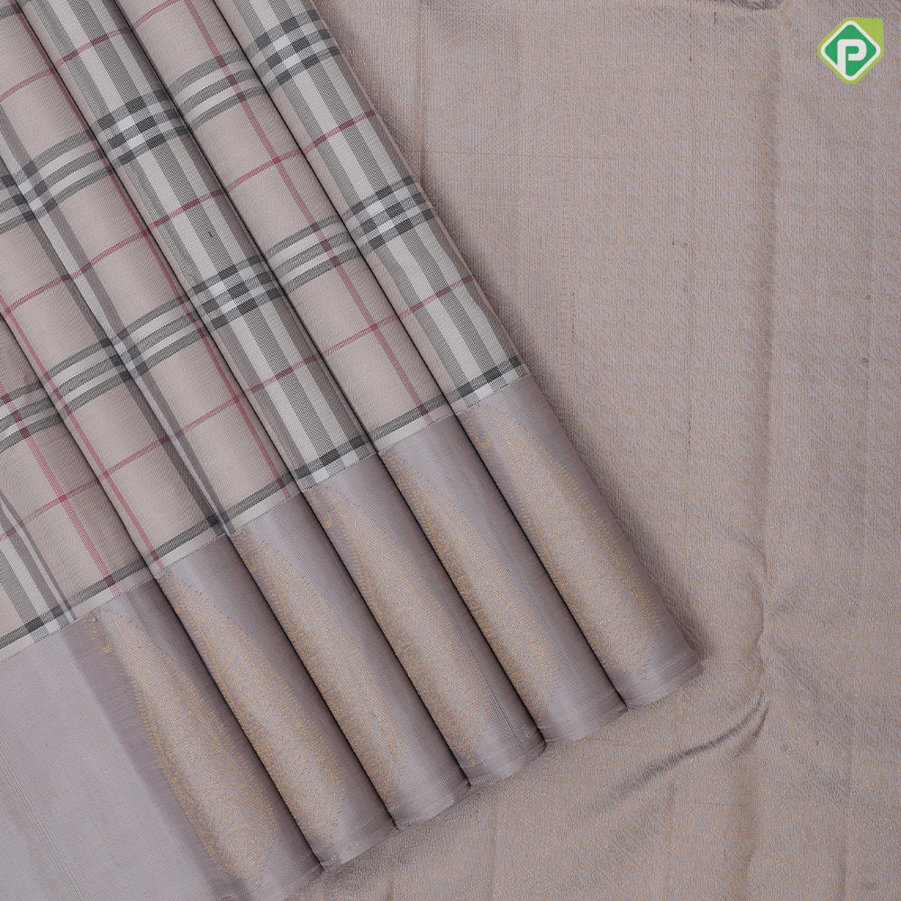 Light Gary Checked Design Gainsboro Gold Zari Manga Motif Border Design Trendy Silk Saree