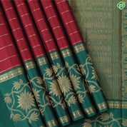 Magenta Red Velthari lines design bottle green with gold zari  rettapet mid gap border silk saree