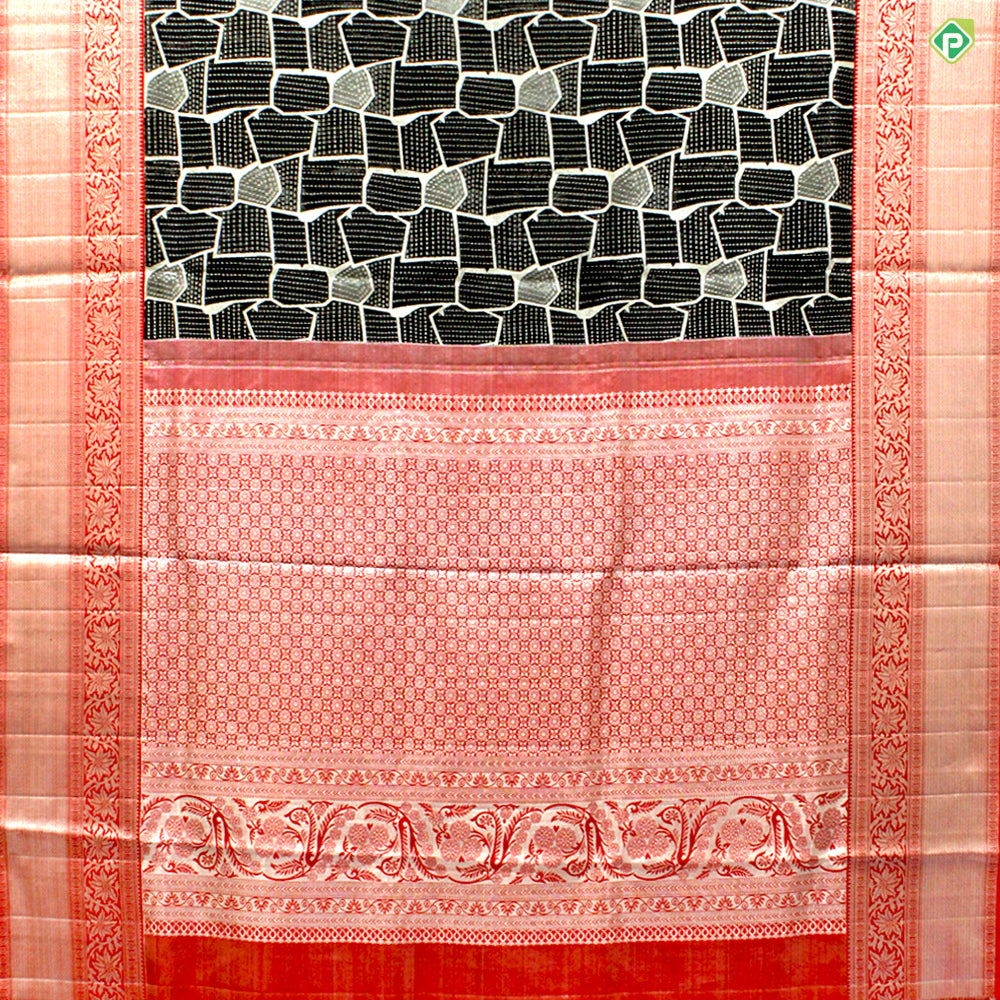 Black With Chilly Red Colour Big Shape Motifs Grand Bridal Wedding Silks Saree