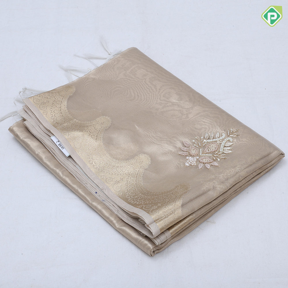 Pastel shade tissue Aari work flower design self gold zari cut border trending fancy tissue saree