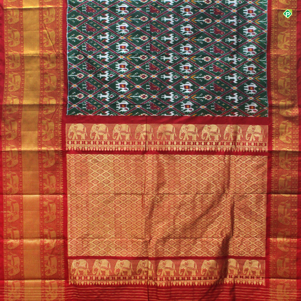 Bottle Green With Brick Red Colour All Over Ikkat Motifs ikkat Silks Saree