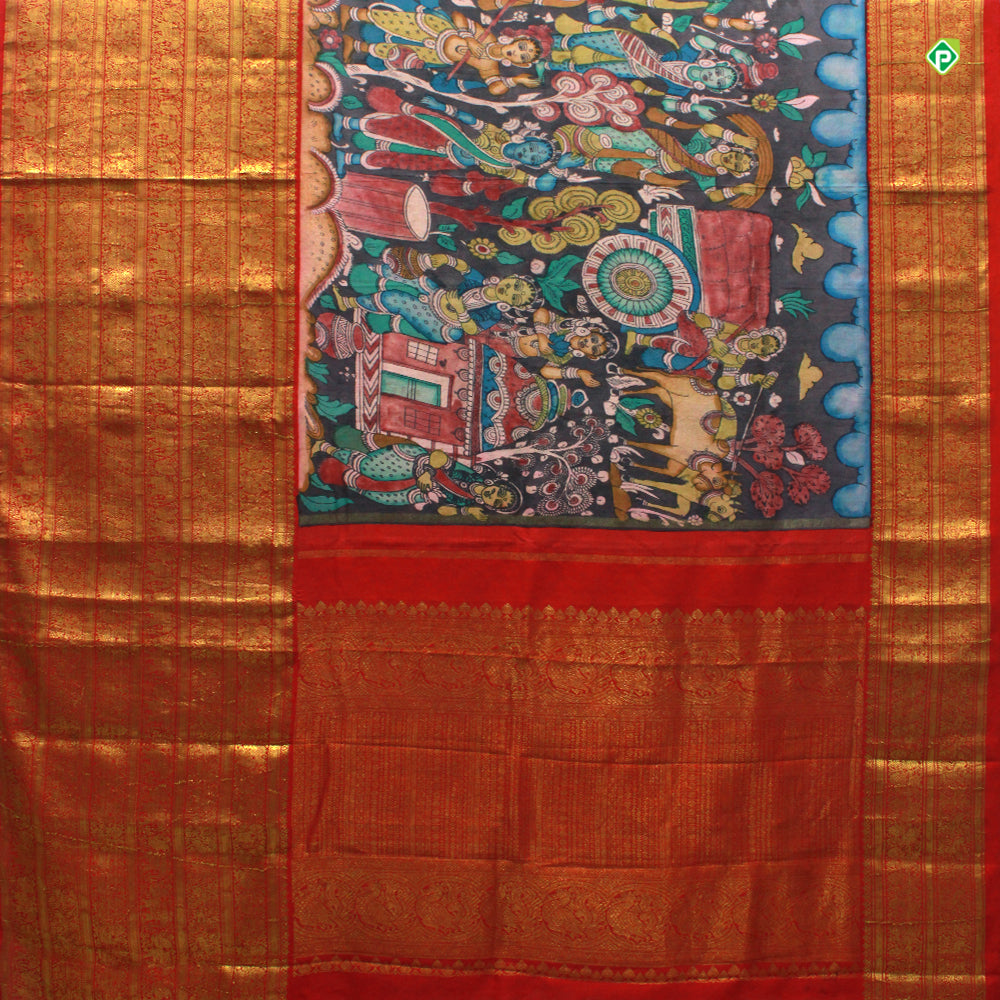 Pewter Grey With Brick Red Pure Hand Painting Kalamkari Silks Saree