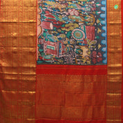 Pewter Grey With Brick Red Pure Hand Painting Kalamkari Silks Saree