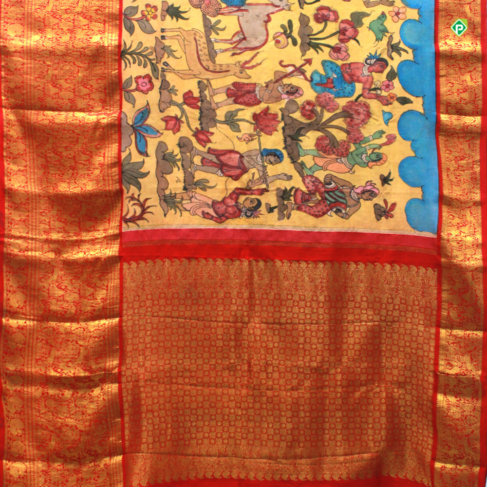 Mustered Yellow With Brick Red Hand Painting Kalamkari Silks Saree