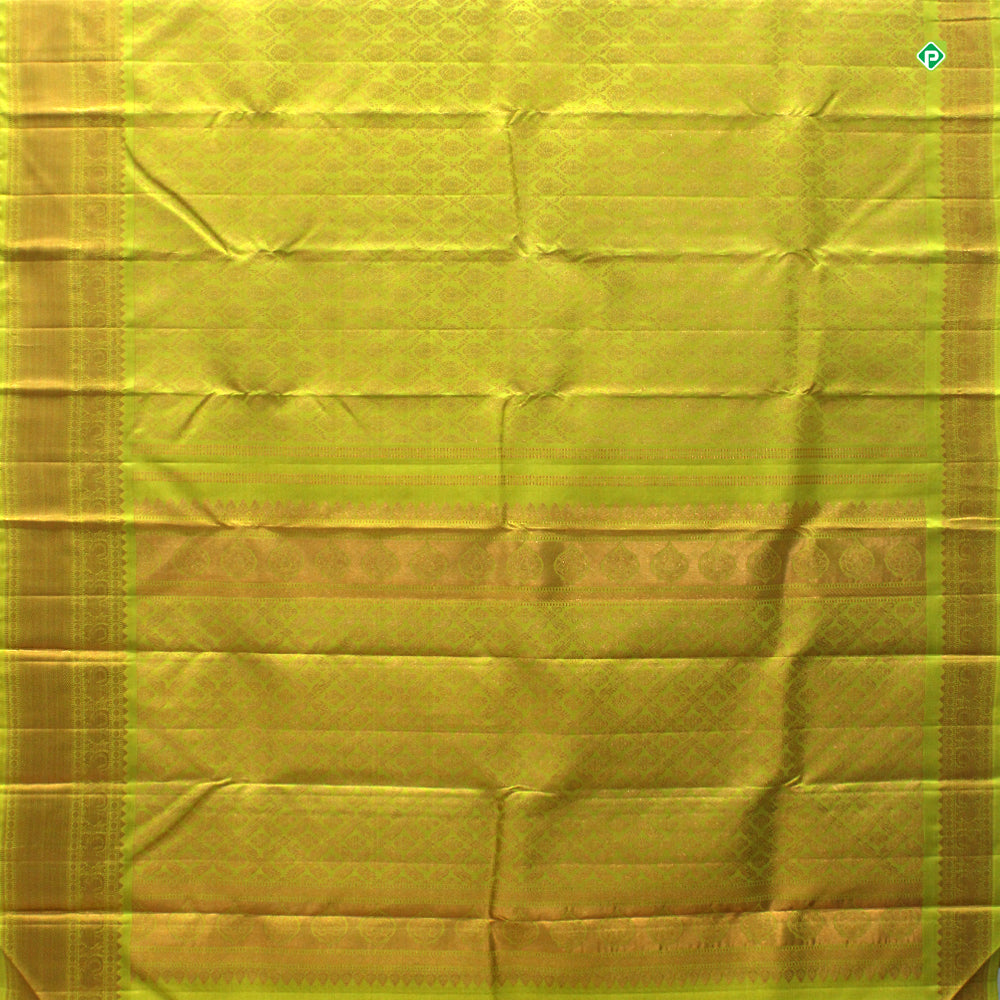 Lime Green Colour Small Thilagam Fancy Floral Motifs Grand Bridal Silks Saree