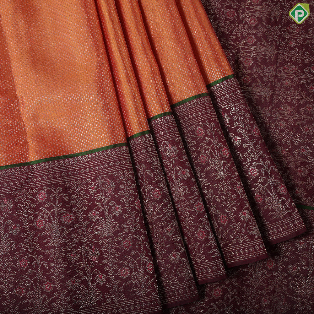 Orange silver zari beads design maroon gold zari meena work grand floral border grand silk saree