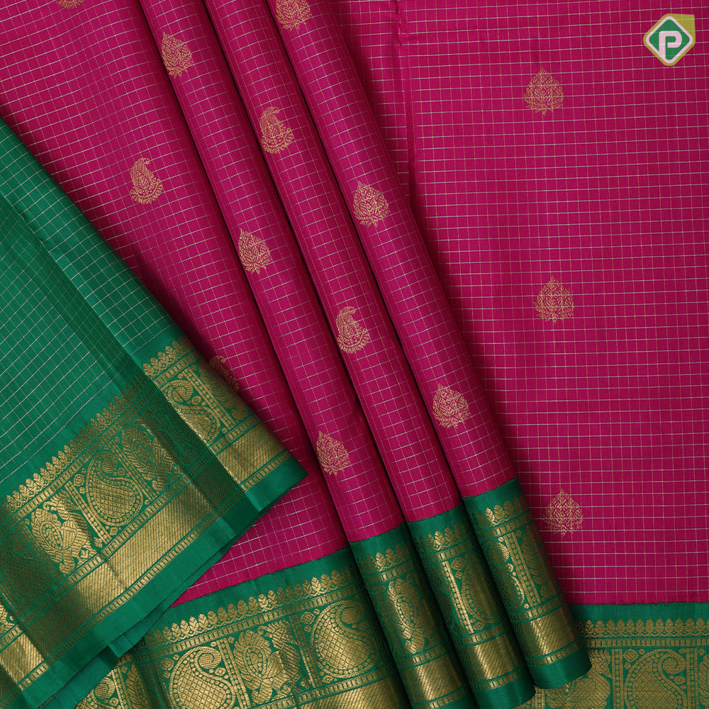 Tomato red gold zari kattam and leaf butta bottle green gold zari peacock butta border pattu paavadai lehanka