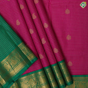 Tomato red gold zari kattam and leaf butta bottle green gold zari peacock butta border pattu paavadai lehanka