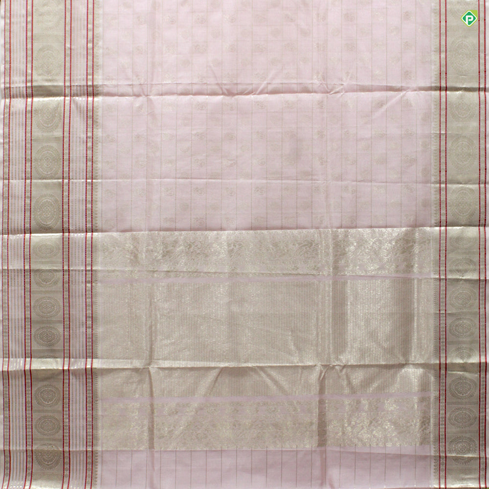 Baby Pink With Silver Zari Checked Peacock Chakram Motifs Kuppadam Silk Cotton Sarees