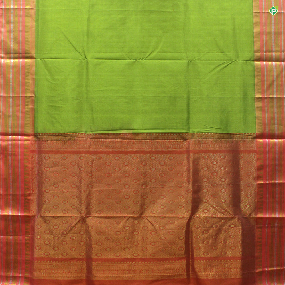 Kelly Green Orangish Pink Temple Silver Rudraksham Border Kuppadam Silk Cotton Saree