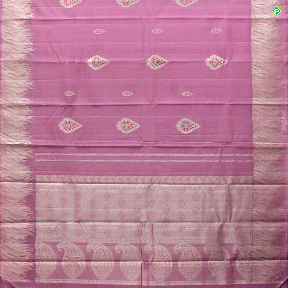 Rose Pink Thilagam Meena Work Silver Zari Fancy Border Pure Silk Linen Saree
