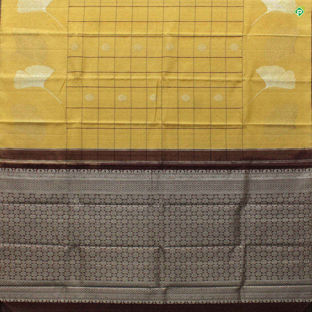Cream Sandal Checked Silver and Gold Zari Leaves Border Pure Kora Silk Saree