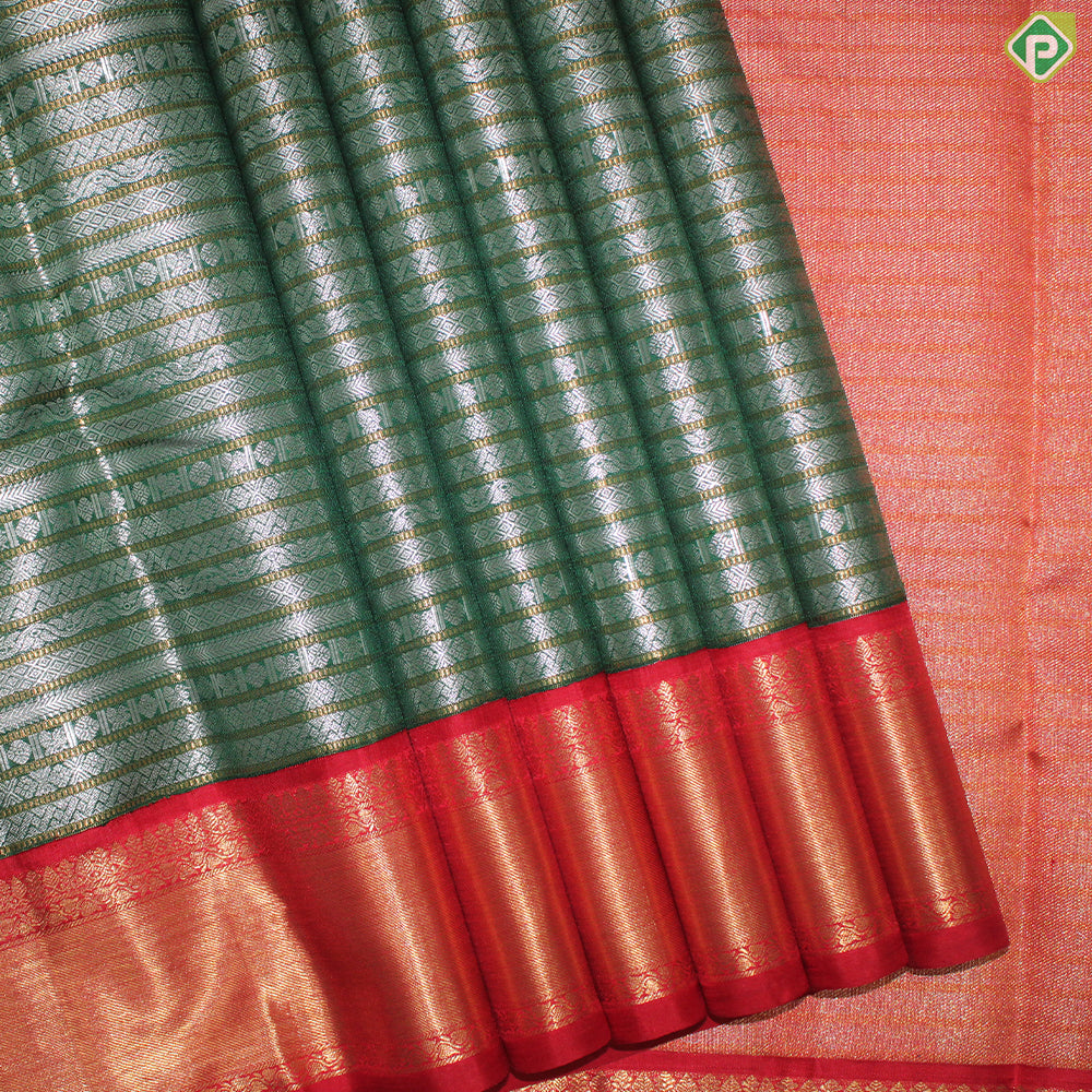 Bottle Green Silver And Gold Zari With Red Color Border Traditional Silk Saree