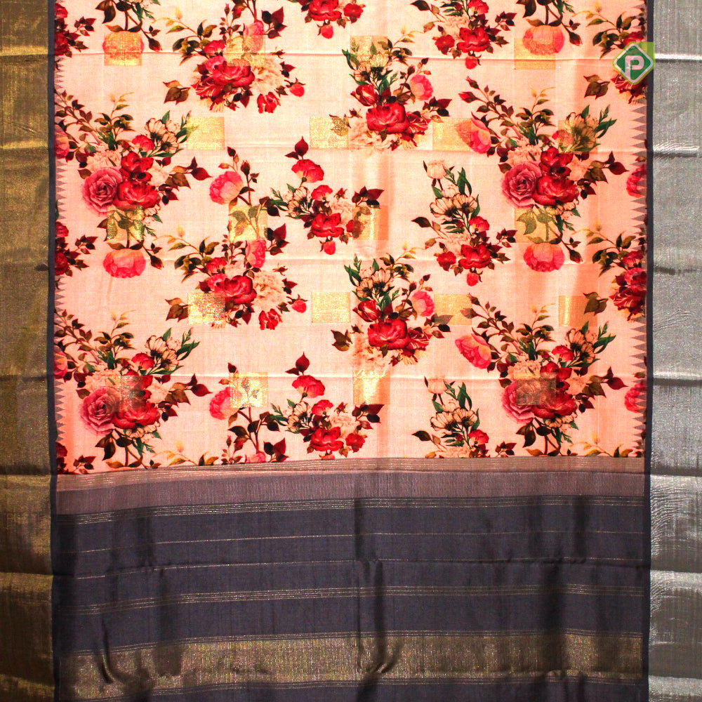 Peach Pink Gold And Silver Zari Plain Border Pure Printed Saree