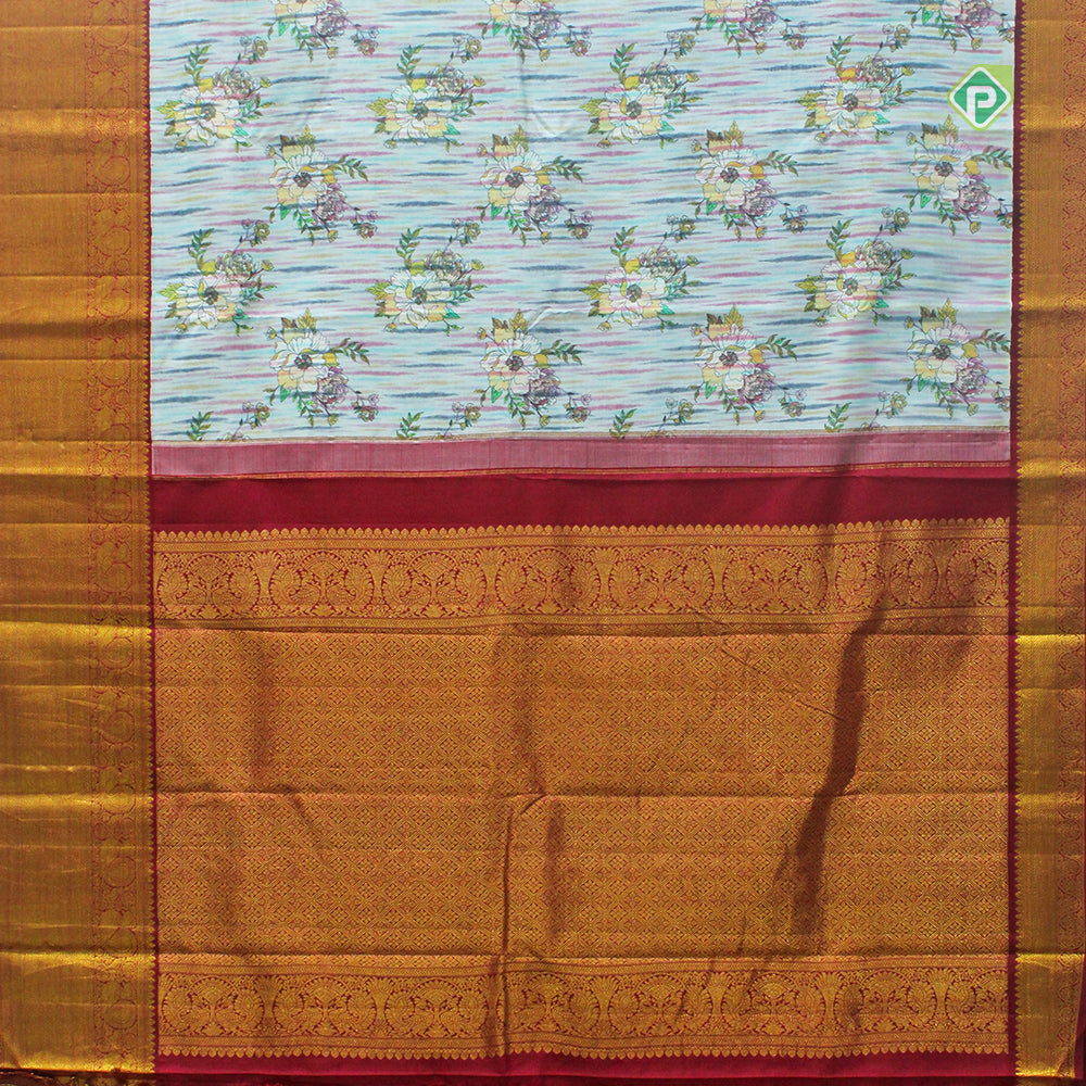 Multi Colour Gold Zari Peacock Butta Motifs With Bavanji Border Digital Printed Silk Saree