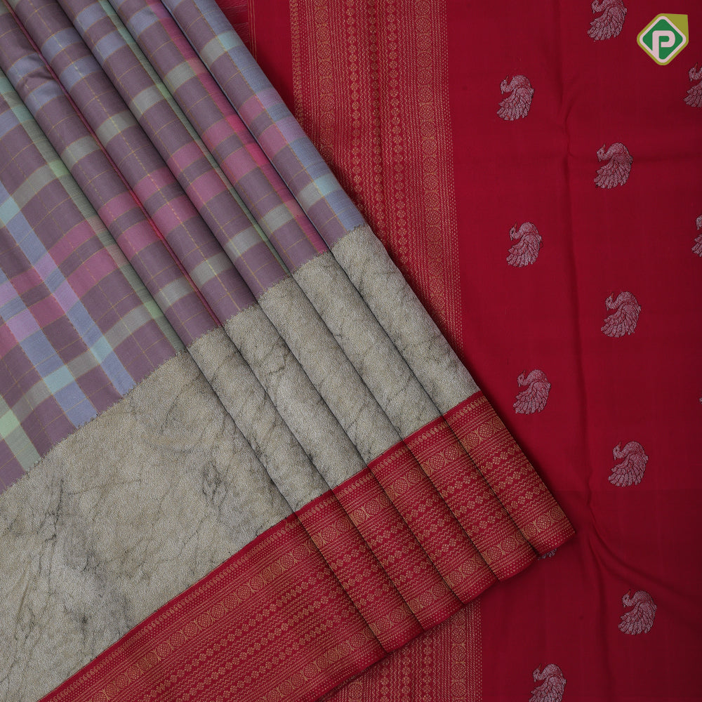 Multi color gold zari padded checkered design marble design and red gold zari multi lines border signature silk saree