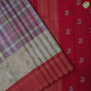 Multi color gold zari padded checkered design marble design and red gold zari multi lines border signature silk saree