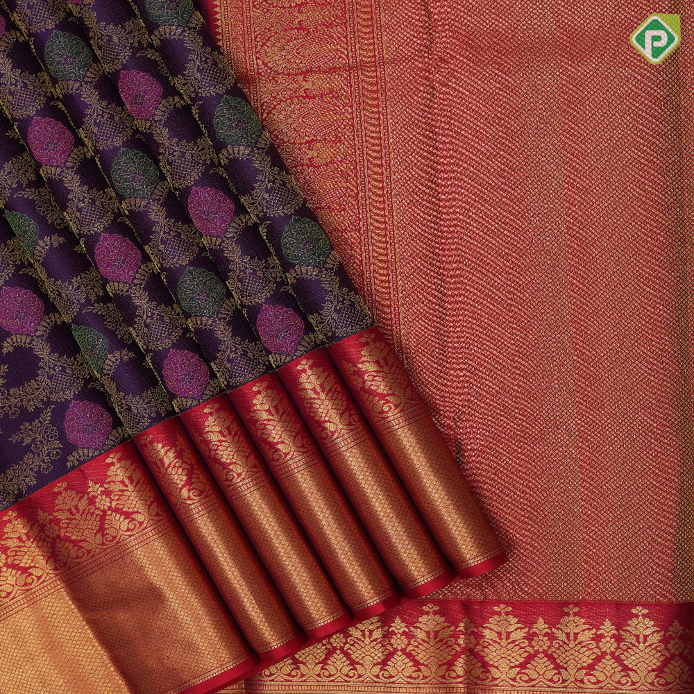 Purple blue gold zari meena work grand creeper design rani red gold zari mayilkan fancy floral border grand bridal silk saree