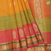 Mustard yellow gold zari fancy flower butta sage green pink gold zari rangoli design one side border silk saree