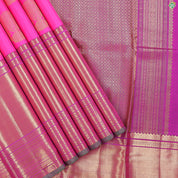 Cerise Pink With Gold Zari Big Peacock Round Butta Bavanji High Border Traditional Silk Saree