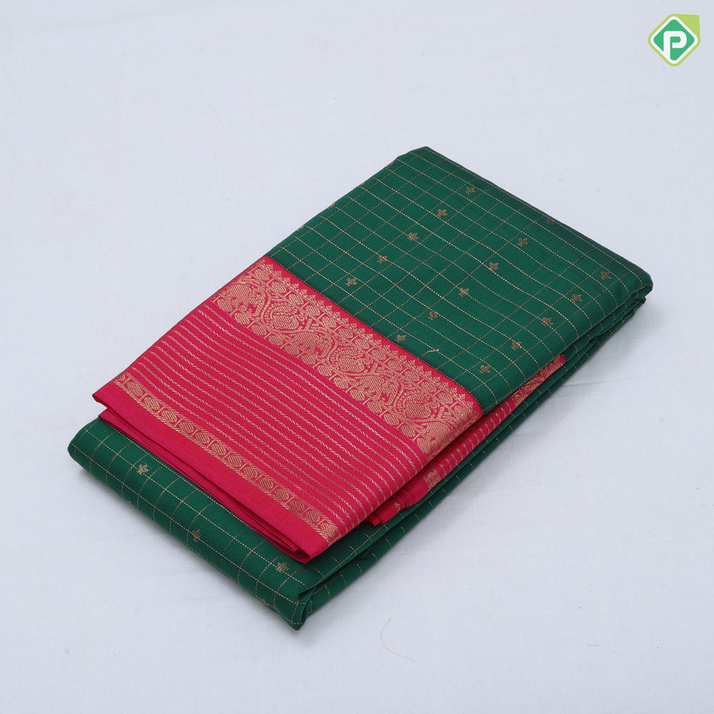 Parrot green gold zari checks and kamalam butta rani pink gold zari border art silk saree