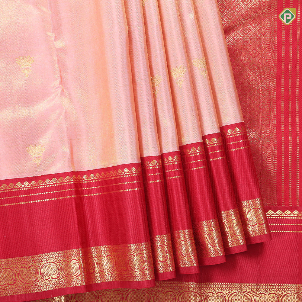 Peach Pink Gold Zari Fancy Flower butta design contrast red rettapet border traditional shimmer saree