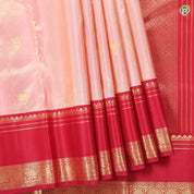 Peach Pink Gold Zari Fancy Flower butta design contrast red rettapet border traditional shimmer saree