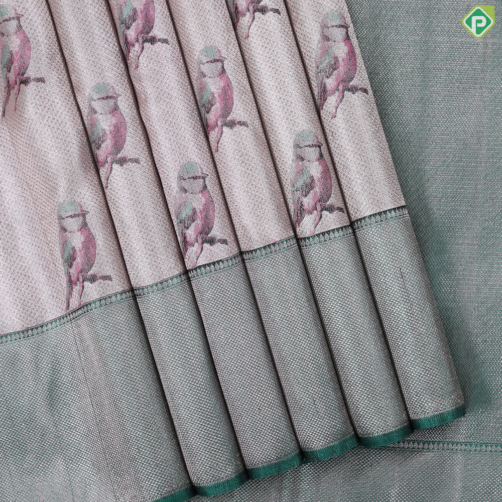 Powder pink Self diamond Sparrows Design Contrast Green Antique Zari micro diamond Trendy designer silk saree