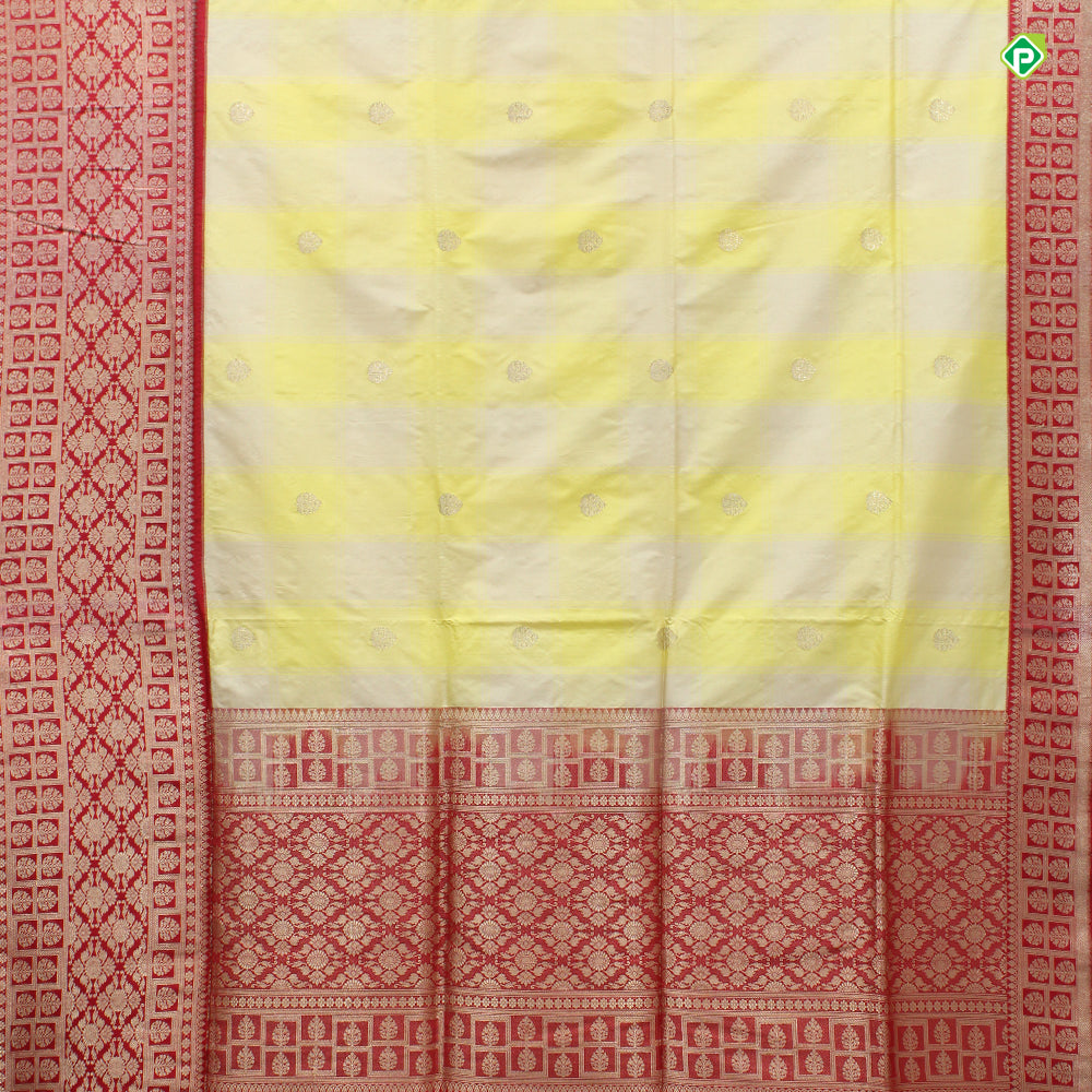 Lemon Yellow With Beige And Chilly Red Colour Small Thilagam Motifs Banarasi Silks Saree