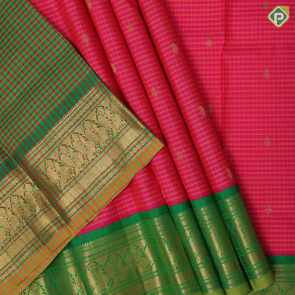 Rose pink gold zari mango butta thread lines design leaf green gold zari annam butta border pattu paavadai lehanka