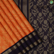 Dark orange gold zari grand flower design grape brown gold zari double line border exclusive bridal silk saree