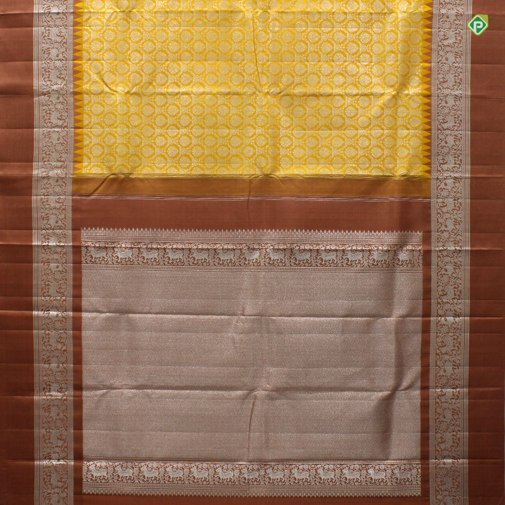 Corn Yellow With Brown Colour Thilagam Motifs Grand Wedding Silks Saree