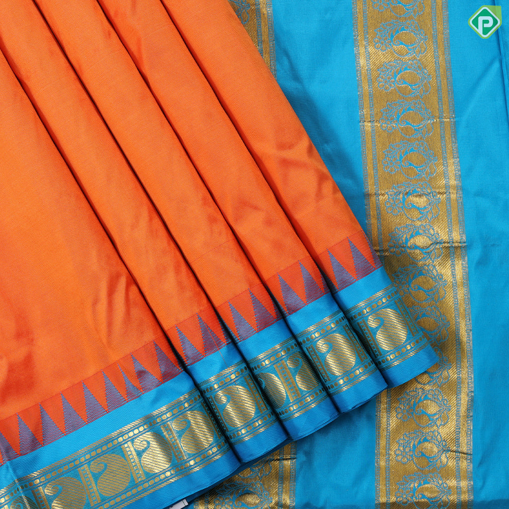 Fanta orange plain weaved design contrast sea blue gold zari mango butta temple border madisar 10 yard silk saree