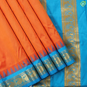 Fanta orange plain weaved design contrast sea blue gold zari mango butta temple border madisar 10 yard silk saree
