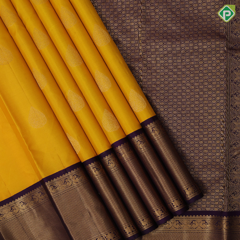 Mango yellow gold zari thilagam butta design violet gold zari mayikan border traditional silk saree