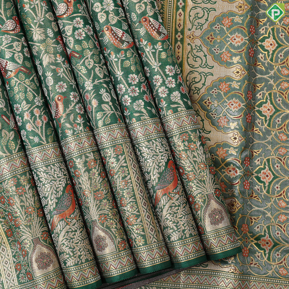 Peacock green Gold zari meena work design self gold zari sparrow border exclusive wedding silk saree