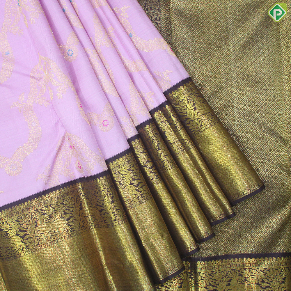 Baby Pink Gold Zari Necklace Design Deer Butta Border Exclusive Grand Bridal Silk Saree