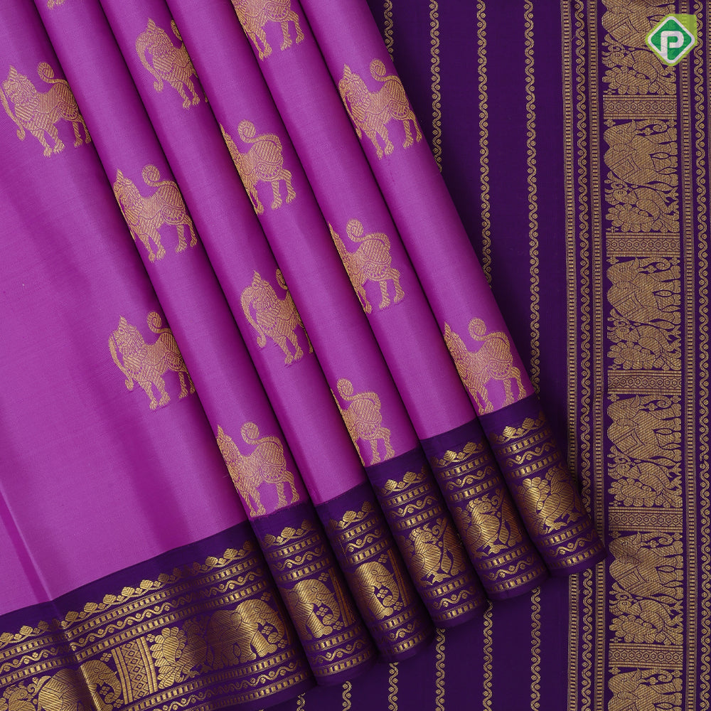 Pink Gold Zari Yali Butta Design Purple Elephant Peacock Border Design Traditional Silk Saree