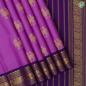 Pink Gold Zari Yali Butta Design Purple Elephant Peacock Border Design Traditional Silk Saree