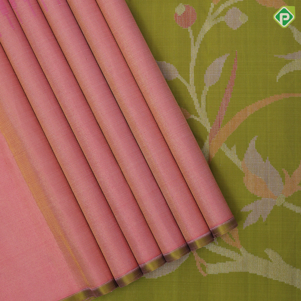 Baby pink gold silver zari tissue pythonic pallu temple border sun and the moon inspired silk saree